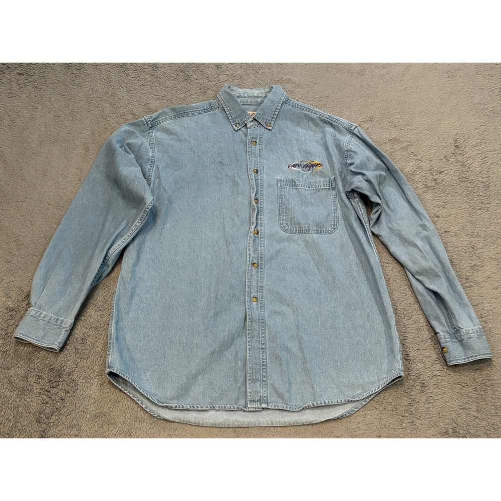 Brazos Sportswear Mens Denim Button Down Shirt Caro Tigers Blue Cotton Size M